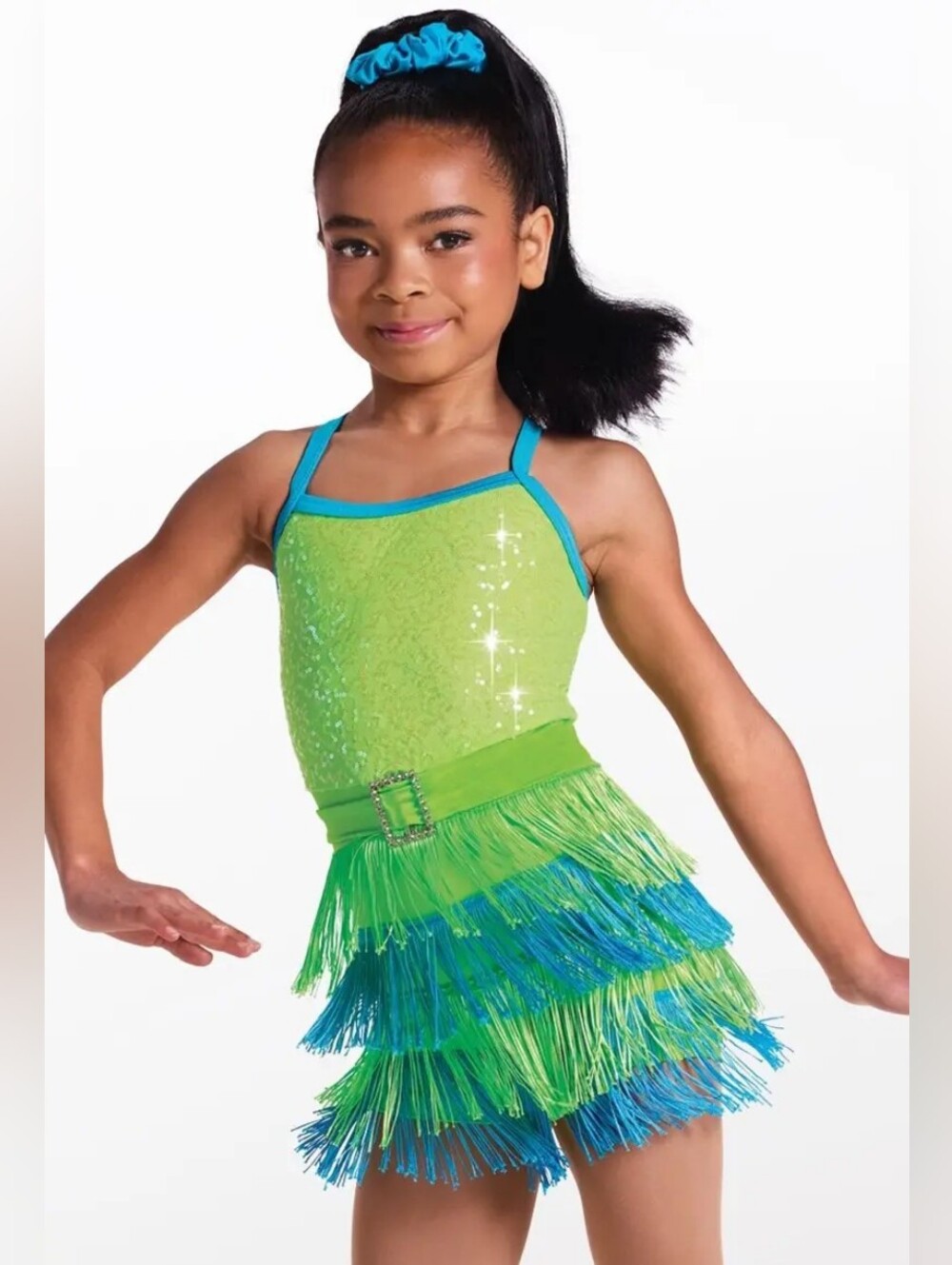 Weissman Showtime Lime Green and Teal Fringe Dance Costume Medium Child